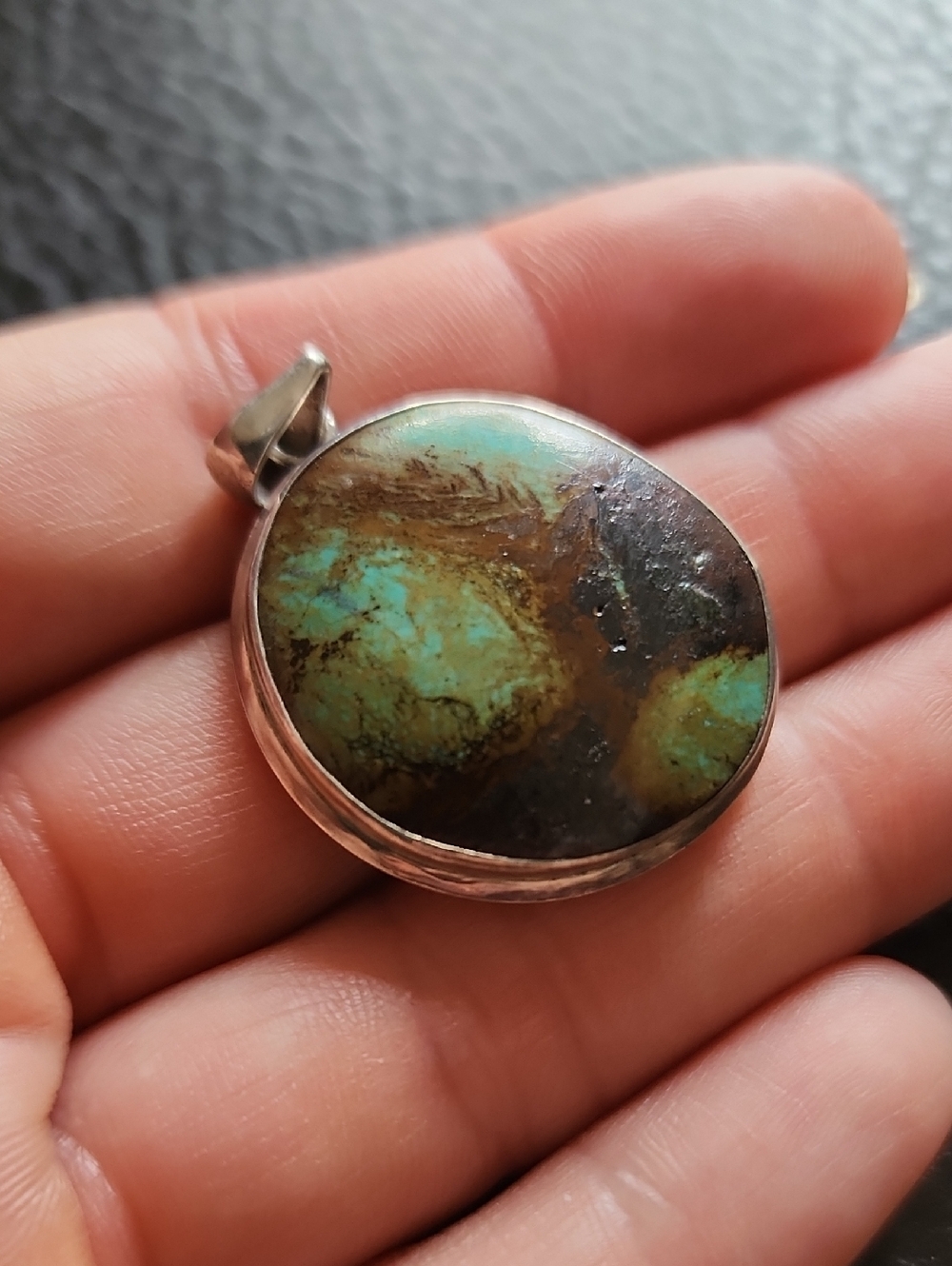 VTG Sterling Silver Turquoise Round Pendant - Green-Brown Natural Stone